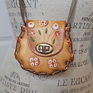 Handcrafted In Mexico Mini Leather Painted Floral Design Pouch/Bag - OS